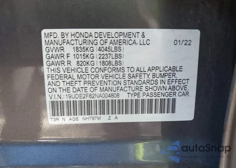 2022 Acura Ilx Premium A-Spec Packages/Technology A-Spec Packages from USA, damaged, VIN 19UDE2F82NA004808